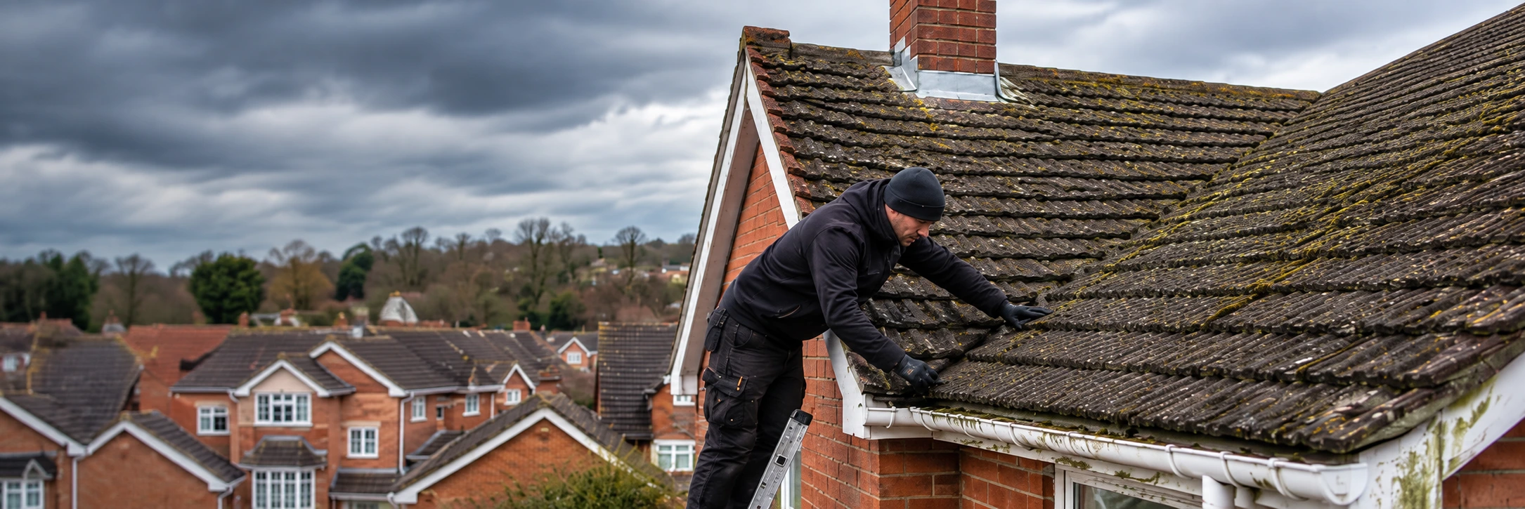 Professional roofer inspecting roof condition in Kent