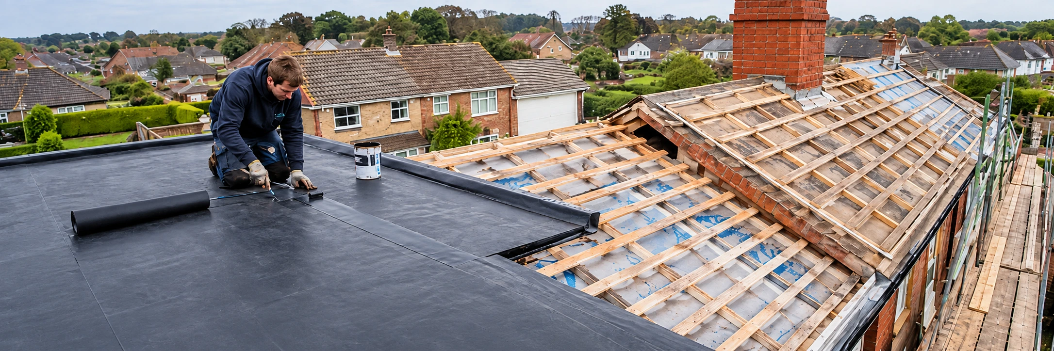 Roofer repairing a flat roof in Kent