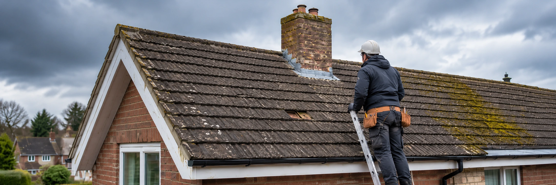 Roofer repairing a leaking tiled roof