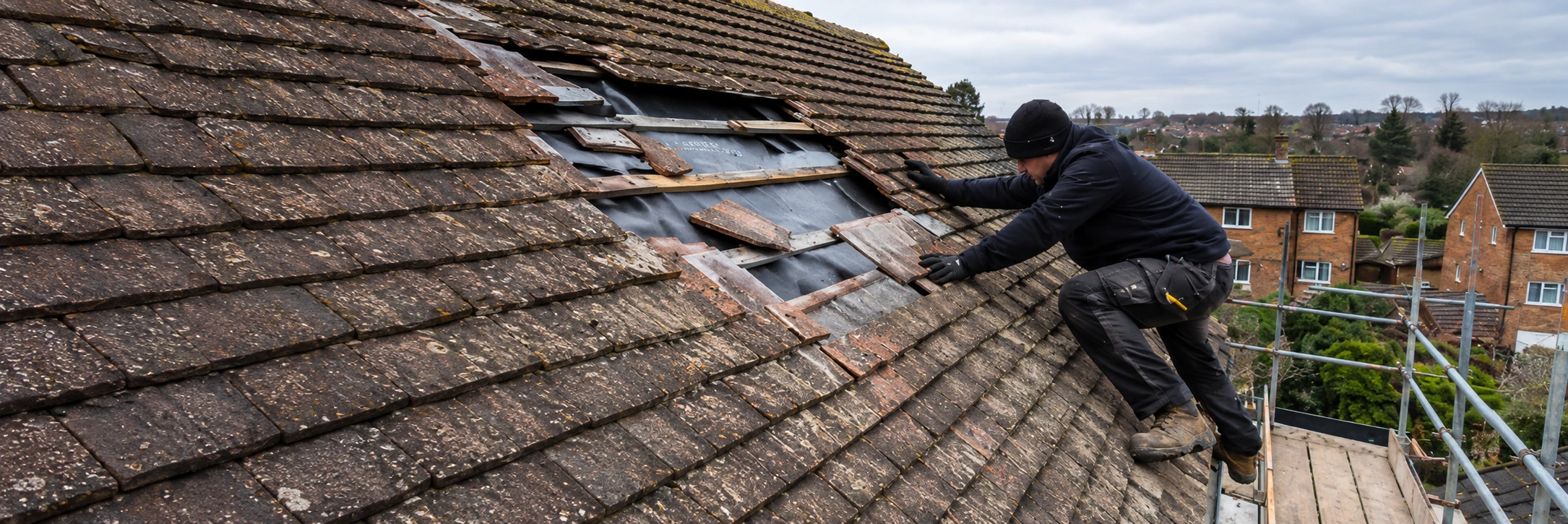 Roofer replacing a slipped roof tile on a Kent property